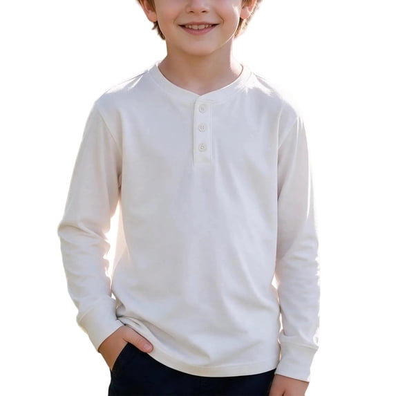 OGLCCG Boys Henley Shirt Long Sleeve 3 Button Crewneck Fall Tees Casual Pullover Top for School(White,12-13 Years)