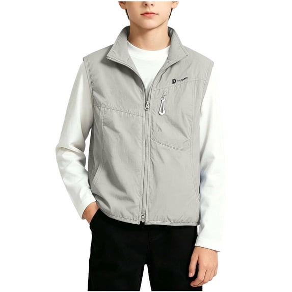 OGLCCG Boys Lightweight Cargo Vest Zip Up Sleeveless Jacket Windproof Softshell Outdoor Hiking Fishing Safari Travel Vest with Pockets 5-15 Years