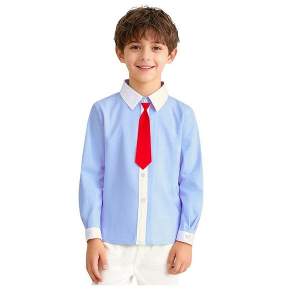 OGLCCG Boys Long Sleeve Dress Shirts Casual Button Down School Uniform Shirts Solid Color Cotton Formal Tees Tops for Teens 4-14 Years