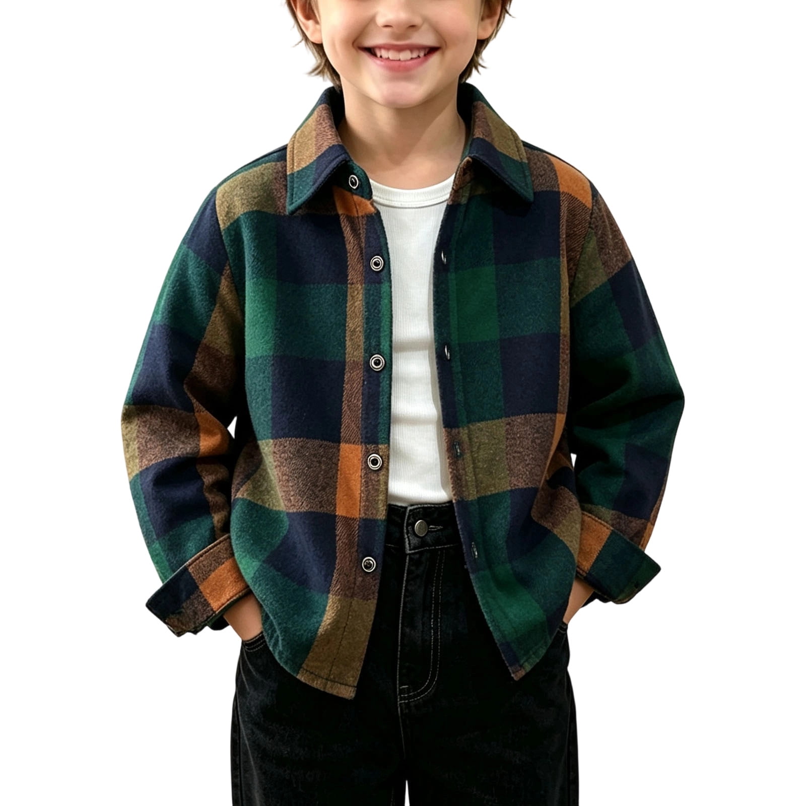 OGLCCG Boys Long Sleeve Flannel Plaid Shirt Button Collard Down Shirts ...