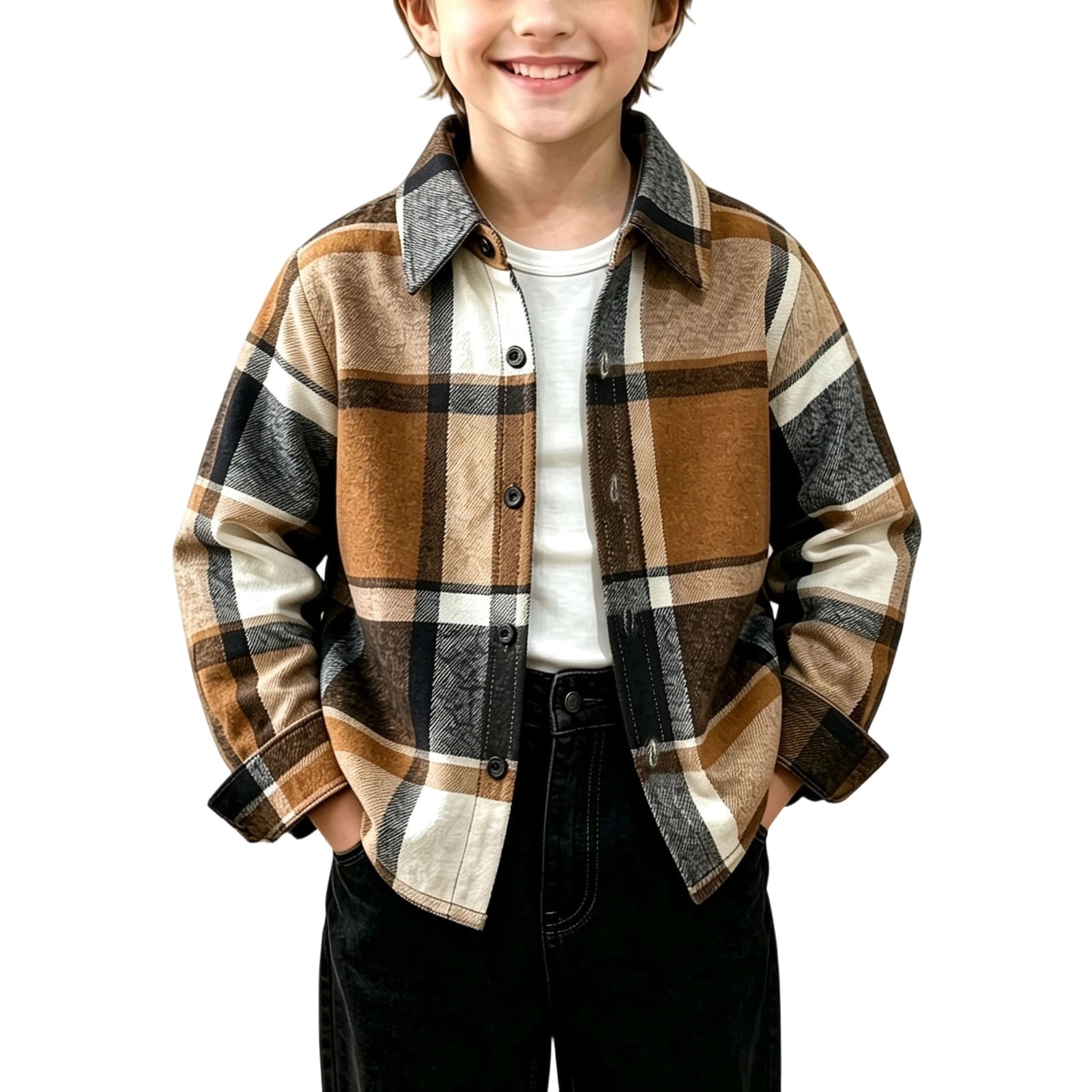 OGLCCG Boys Long Sleeve Flannel Plaid Shirt Button Collard Down Shirts ...