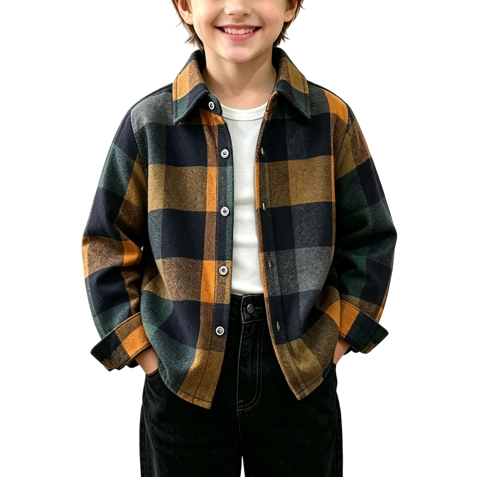 OGLCCG Boys Long Sleeve Flannel Plaid Shirt Button Collard Down Shirts ...