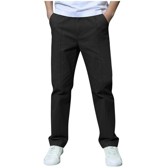 OGLCCG Boys Pull-On School Uniform Pant Straight Leg Dress Pants with Pockets Solid Color Elastic Waist Flat Front Trousers 3-14 Years