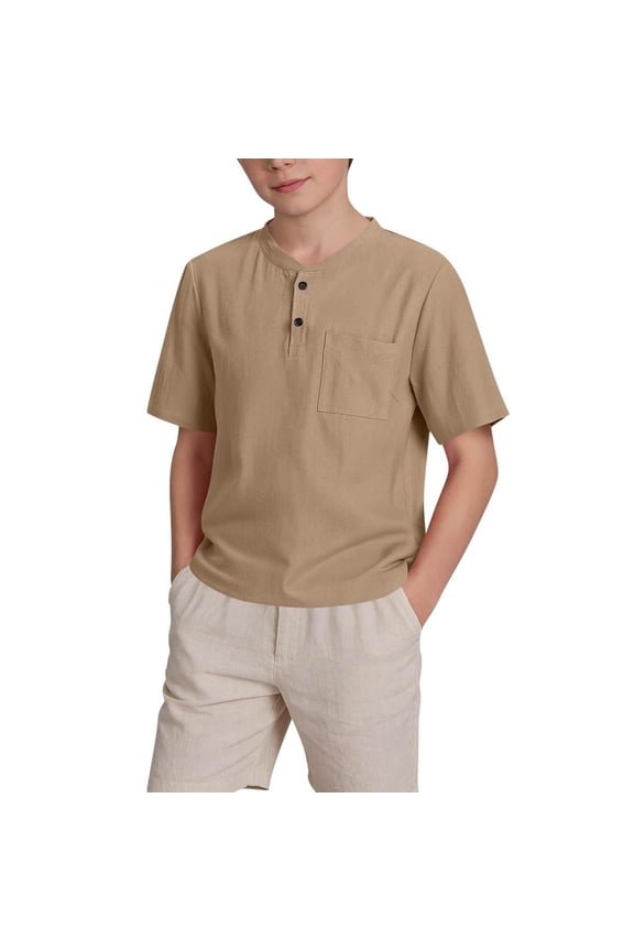Boys Short Sleeve Henley Shirt Button Up Cotton Linen Dress Shirts Casual Summer Solid Color Tees Tops with One Pocket 5-15 Years