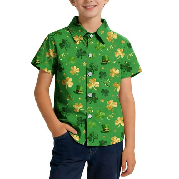 OGLCCG Boys St.Patrick's Day Shirt Irish Clover Printed Casual Short Sleeve Button Down Dress Shirts Loose Fit Summer School Uniform Shirts 2-15 Years