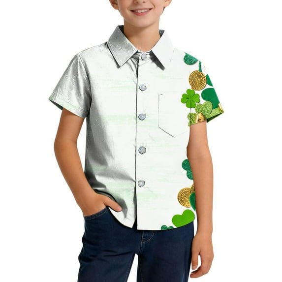 OGLCCG Boys St. Patty's Day T-Shirt Irish Clover Printed Short Sleeve Button Down Shirts for Kids Summer Casual Funny Hawaiian Shirt 2-15 Years
