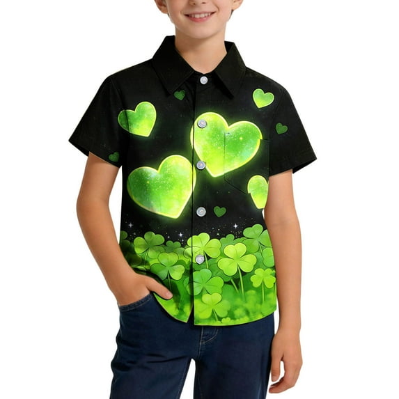OGLCCG Boys St. Patty's Day T-Shirt Irish Clover Printed Short Sleeve Button Down Shirts for Kids Summer Casual Funny Hawaiian Shirt 2-15 Years