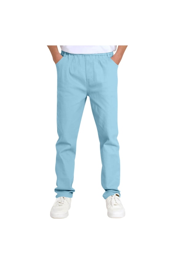Boys' Stretch Pull on School Uniform Pants Kids Elastic Waist Straight Leg Twill Pants with Pockets Solid Color Dress Suit Pants 5-14 Years