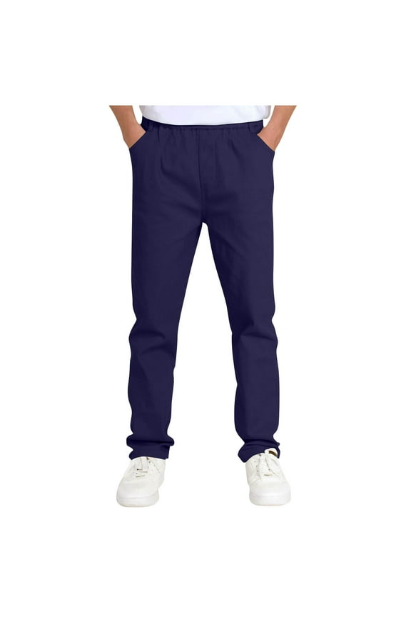 Boys' Stretch Pull on School Uniform Pants Kids Elastic Waist Straight Leg Twill Pants with Pockets Solid Color Dress Suit Pants 5-14 Years