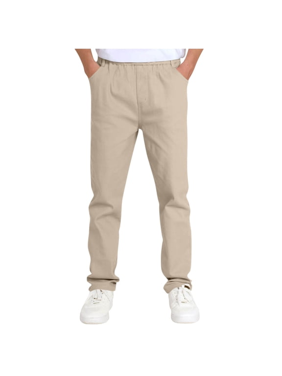 Boys' School Uniform Pants Kids Elastic Waist Straight Leg Dress Pants with Pockets Solid Color Pants Back to School 5-14 Years