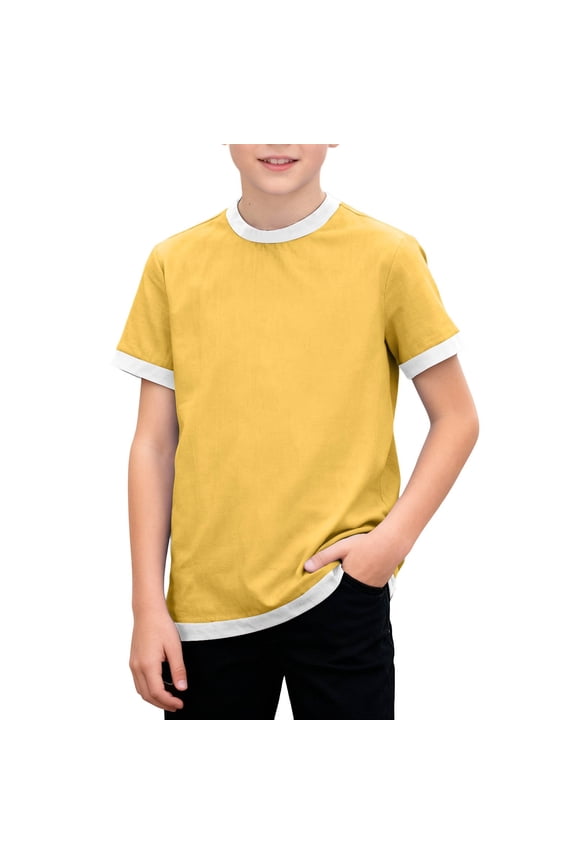 Boys Summer T Shirt Casual Crew Neck Short Sleeve Solid Cotton Linen Tees Comfortable Breathable Basic Tops for Kids 3-12 Years