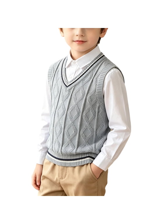 Boys Sweater Vest Kids Uniform Vest V-Neck Sleeveless Argyle Knitted Pullover Sweater for Toddler Size 18M-9T