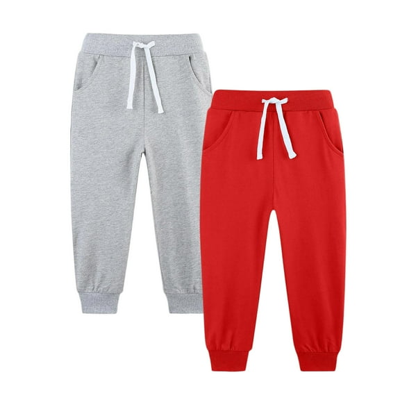 OGLCCG Boys Sweatpants 2 Pack Elastic Waist Baggy Active Drawstring Joggers with Pockets Solid Color Athletic Pants for Kids 5-14 Years