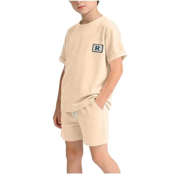 OGLCCG Boys Waffle 2 Pieces Outfits Casual Short Sleeve T Shirts and Shorts Set Summer Vacation Travel Lounge Sets with Pockets 1-12 Years