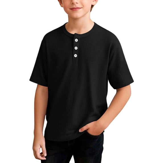 OGLCCG Boys Waffle Henley Shirts Short Sleeve Button up Crewneck T-Shirts Summer Solid Color Knit Basic Tees Tops for Kids 4-14 Years