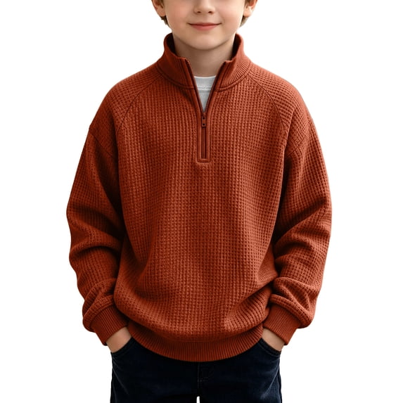 OGLCCG Boys Waffle Knit Quarter Zip Sweatshirts Kids Stand Collar Long Sleeve Pullover Tops Loose Fit Fall Clothes Size 9-10