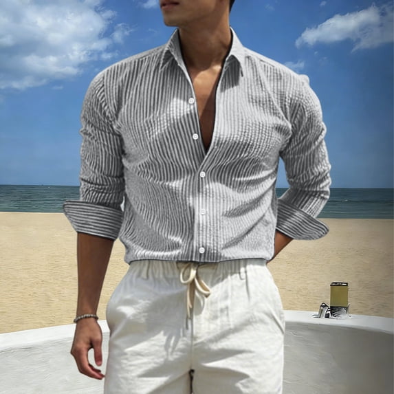 OGLCCG Button Down Dress Shirts for Men Trendy Striped Long Sleeve Collared Business Work Shirt Casual Soft Beach Shirts,L,Black