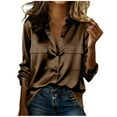 thumbnail image 1 of OGLCCG Button Down Satin Shirts for Women Long Sleeve Business Casual Tops Dressy Lapel Collar Work Elegant Silk Blouse with Flap Pockets,L,Brown, 1 of 8