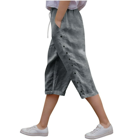 OGLCCG Capri Pants for Girls Drawstring High Waisted Wide Leg Linen Cropped Trousers with Pockets Pull On Loose Flowy Pants 6-15 Years