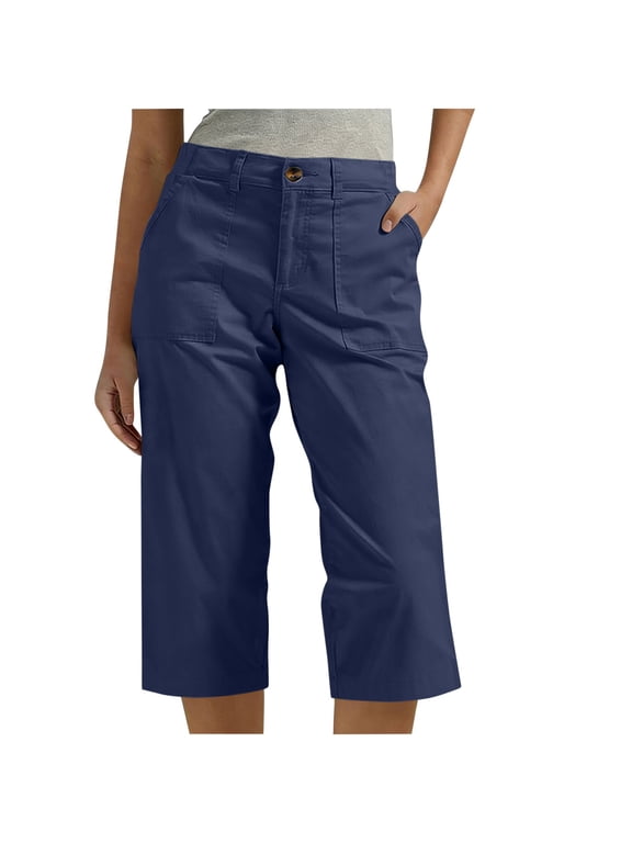 Capri Pants for Women Casual Loose Straight Leg Button High Waisted Cargo Pants Solid Color Summer Cropped Pant with Pockets,L,Navy