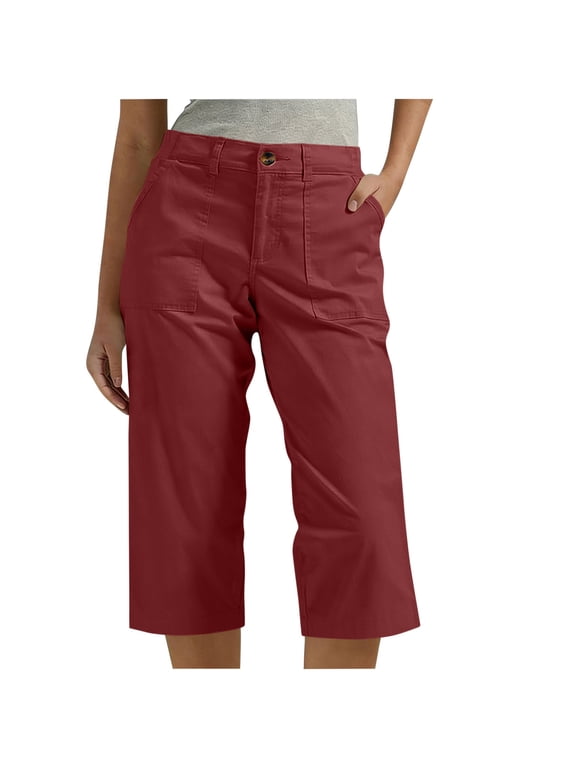 Capri Pants for Women Casual Loose Straight Leg Button High Waisted Cargo Pants Solid Color Summer Cropped Pant with Pockets,S,Wine