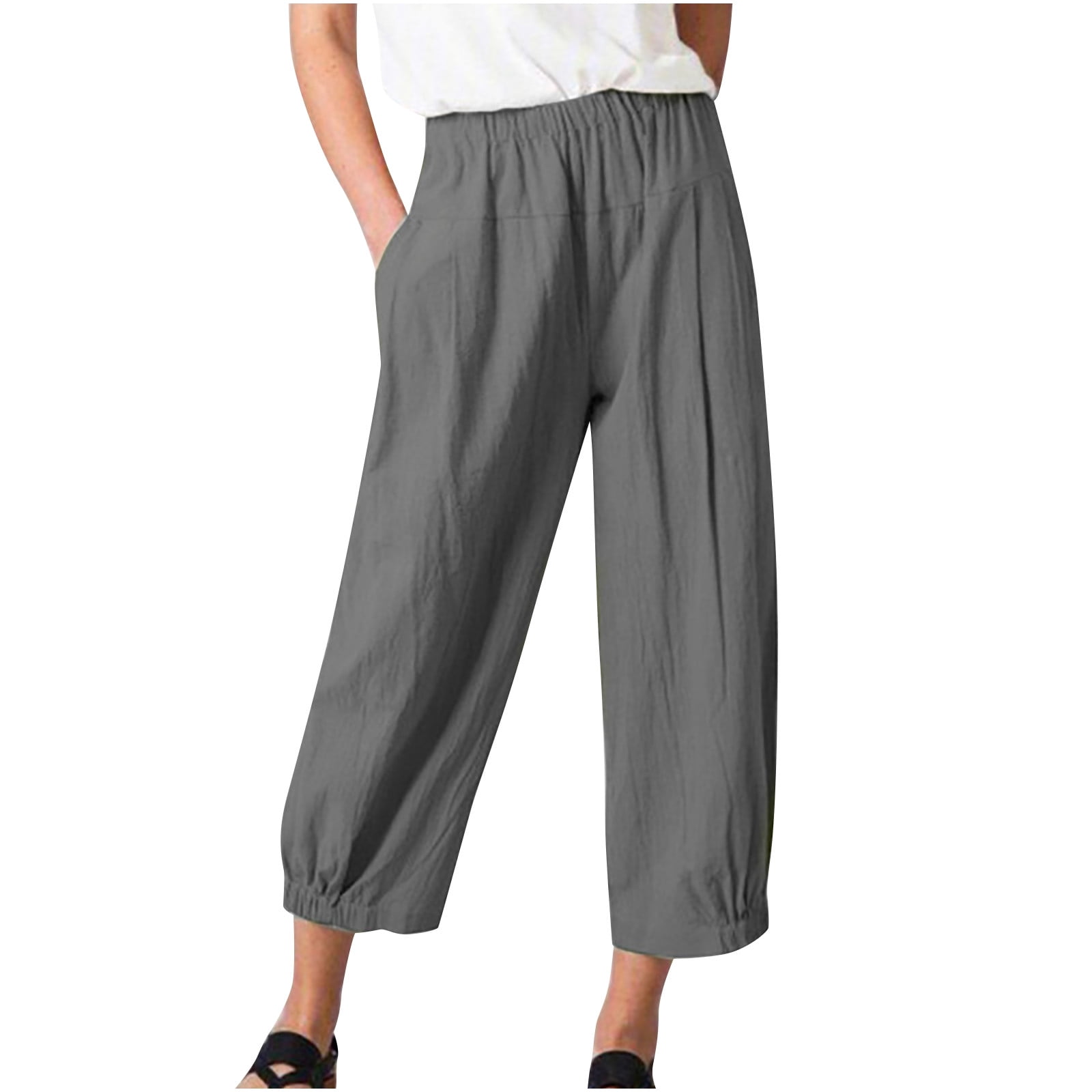 Capri Pants for Women Casual Summer Cotton Linen Pants Loose Elastic Waist  Capris Trousers Wide Leg Cropped Pants with Pockets 