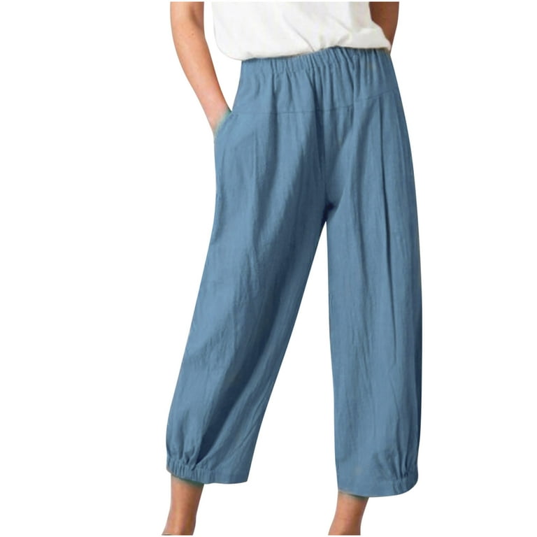 OGLCCG Capri Pants for Women Casual Summer Cotton Linen Pants Loose Elastic Waist  Capris Trousers Wide Leg Cropped Pants with Pockets 