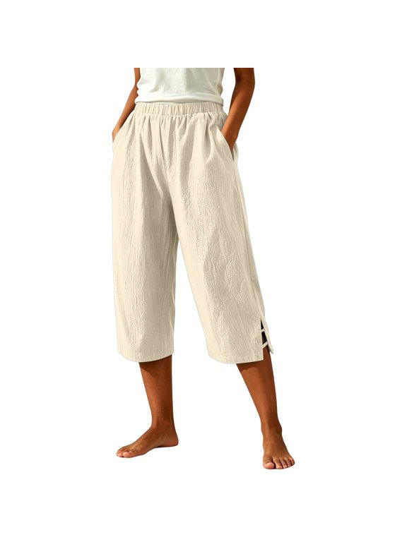 Capri Pants for Women Summer Casual Wide Leg Cropped Pants Elastic Waist Beach Vacation Solid Trousers with Pockets,Beige
