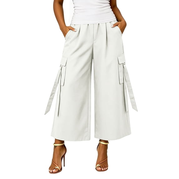 OGLCCG Cargo Capri Pants for Women Hight Waisted Baggy Cropped Utility Pants Casual Wide Leg Trousers with Pockets,Beige