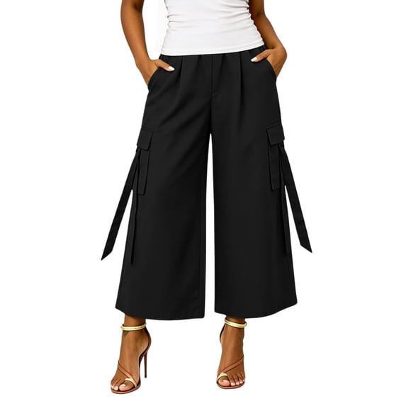 OGLCCG Cargo Capri Pants for Women Hight Waisted Baggy Cropped Utility Pants Casual Wide Leg Trousers with Pockets,Black