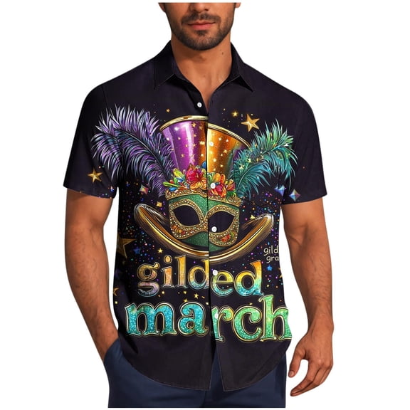 OGLCCG Carnival Shirts for Men Short Sleeve Mask Printed Summer Casual Button Down Beach Shirts Loose Lapel Collar Funny Mardi Gras Shirts