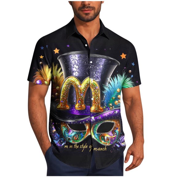 OGLCCG Carnival Shirts for Men Short Sleeve Mask Printed Summer Casual Button Down Beach Shirts Loose Lapel Collar Funny Mardi Gras Shirts