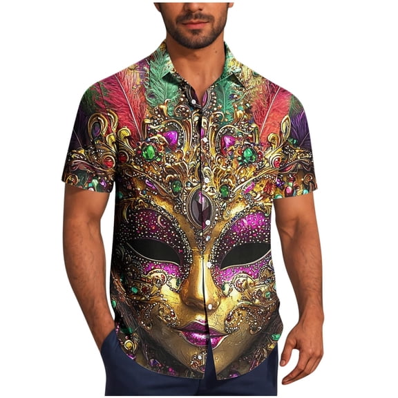 OGLCCG Carnival Shirts for Men Short Sleeve Mask Printed Summer Casual Button Down Beach Shirts Loose Lapel Collar Funny Mardi Gras Shirts