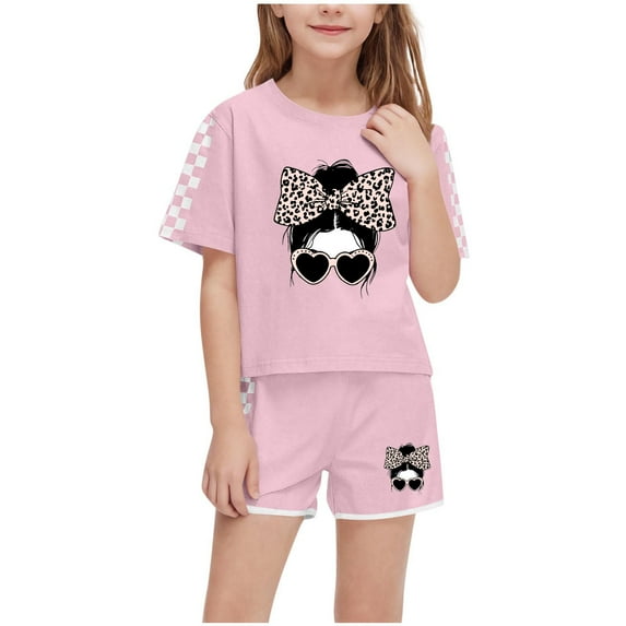 OGLCCG Girls 2 Piece Outfits Kids Summer Short Sleeve T-Shirt and Shorts Set Funny Graphic Print Casual Clothing Sets 5-14 Years