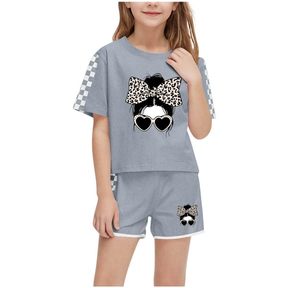 OGLCCG Girls 2 Piece Outfits Kids Summer Short Sleeve T-Shirt and Shorts Set Funny Graphic Print Casual Clothing Sets 5-14 Years