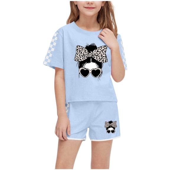 OGLCCG Girls 2 Piece Outfits Kids Summer Short Sleeve T-Shirt and Shorts Set Funny Graphic Print Casual Clothing Sets 5-14 Years
