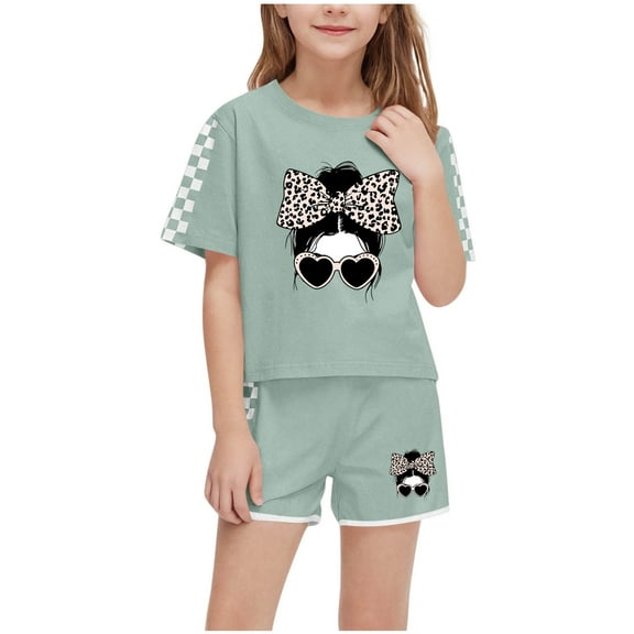 OGLCCG Girls 2 Piece Outfits Kids Summer Short Sleeve T-Shirt and Shorts Set Funny Graphic Print Casual Clothing Sets 5-14 Years