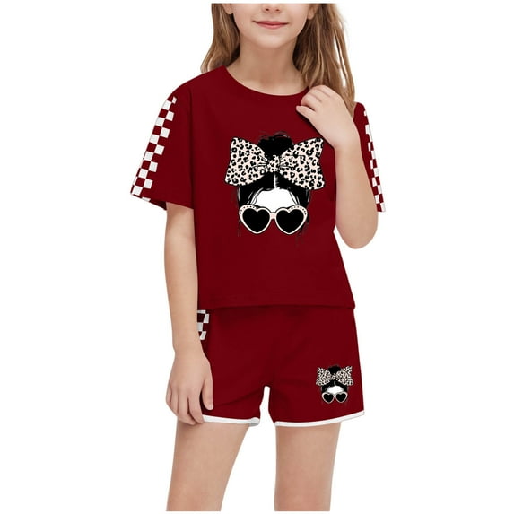 OGLCCG Girls 2 Piece Outfits Kids Summer Short Sleeve T-Shirt and Shorts Set Funny Graphic Print Casual Clothing Sets 5-14 Years