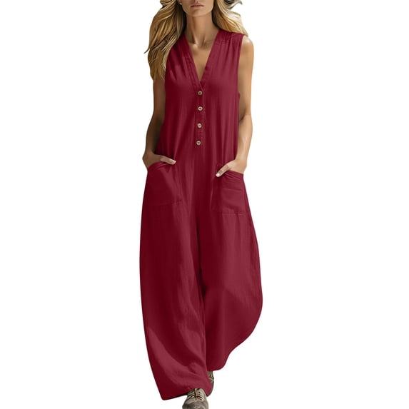 OGLCCG Cotton Linen Jumpsuits for Women V Neck Button Down Sleeveless Wide Leg Baggy Overalls Summer Boho Travel Rompers with Pockets,M,Wine