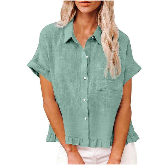 OGLCCG Cotton Linen Shirts for Women Button Down Short Sleeve Shirts Solid Color Loose Fit Ruffle Hem Casua Summer Tees Tops,XXL,Mint Green