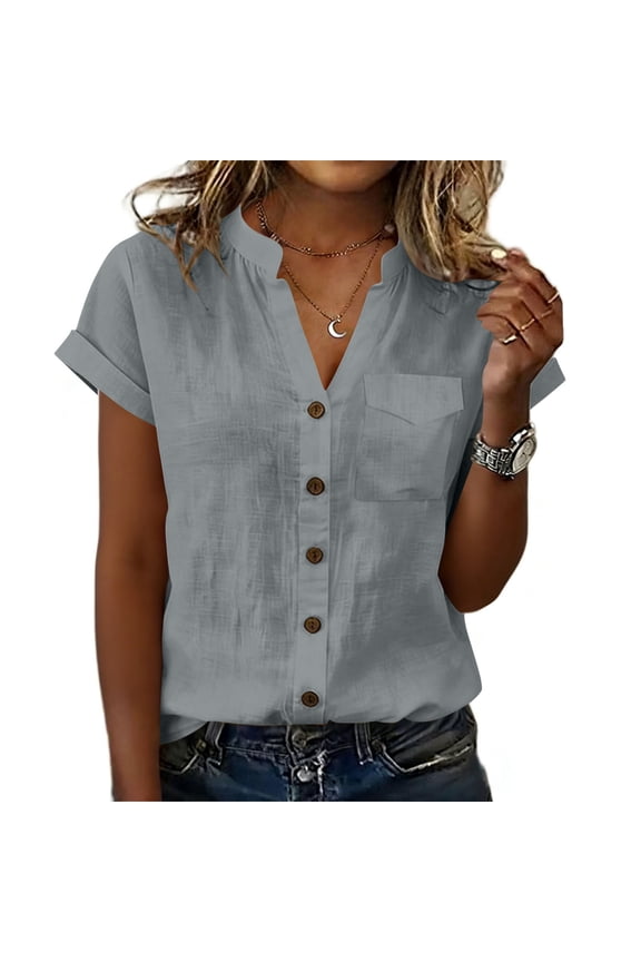 Cotton Linen Shirts for Women Casual V-Neck Short Sleeve Button Up Blouse Tops Lightweight Beach Vacation Tees,M,Gray