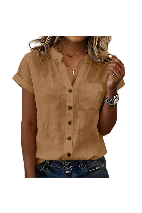 Cotton Linen Shirts for Women Casual V-Neck Short Sleeve Button Up Blouse Tops Lightweight Beach Vacation Tees,M,Khaki