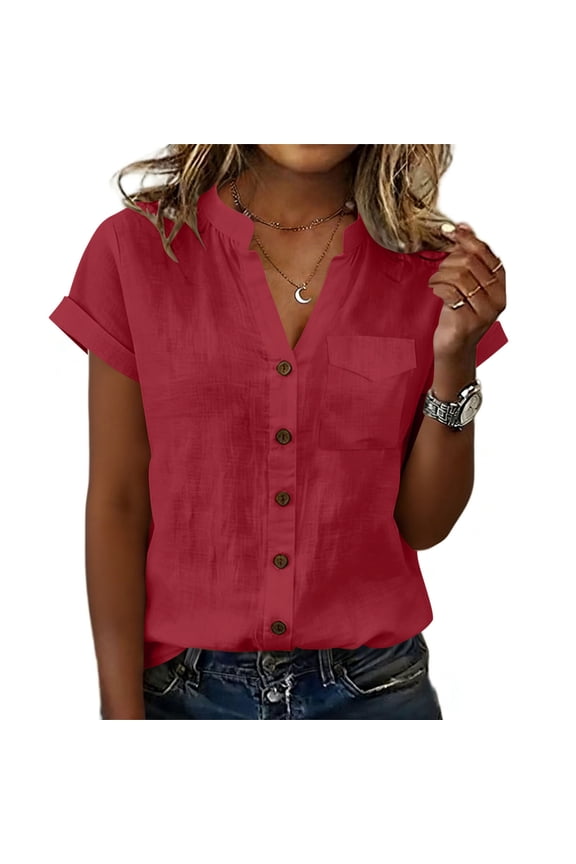 Cotton Linen Shirts for Women Casual V-Neck Short Sleeve Button Up Blouse Tops Lightweight Beach Vacation Tees,M,Red