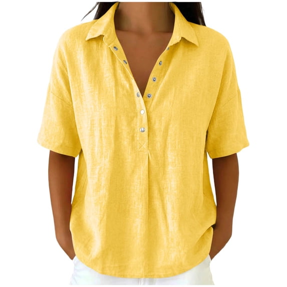 OGLCCG Cotton Linen Shirts for Women Half Sleeve Lapel Snap Shirt Casual Loose Fit Summer Beach Vacation Blouse Dressy,Yellow