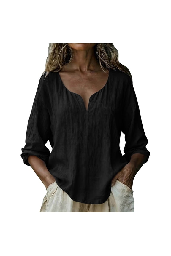 Cotton Linen Shirts for Women Long Sleeve V Neck Oversized Casual Travel Blouses Solid Color Summer Boho Vacation Tops,XXL,Black