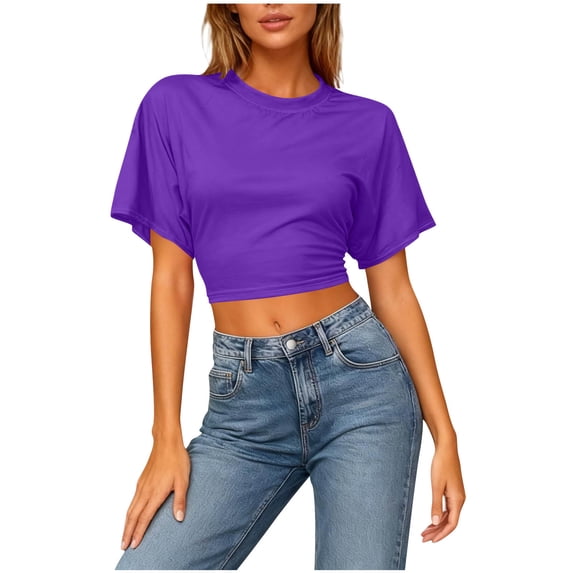OGLCCG Crop Tops for Women Loose Fit Crew Neck Batwing Sleeve T-Shirts Summer Casual Solid Color Basic Going Out Tees Blouses,M,Purple