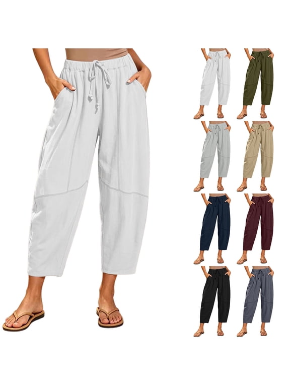 Cropped Pants for Women Wide Leg Summer Beach Ankle Pants High Waist Casual Loose Vacation Palazzo Pants with Pockets