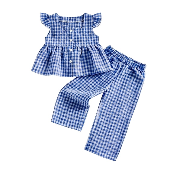 OGLCCG Cute 2 Piece Outfits for Girls Plaid Ruffle Sleeveless Vest Tank Tops and Wide Leg Pants Summer Matching Set 12M-5T