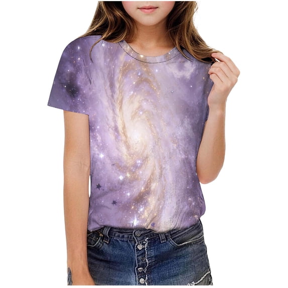 OGLCCG Cute Summer Tops for Teen Girls Galaxy Space Print Tops Dressy Casual Short Sleeve Crewneck Graphic Tees Blouses 3-14 Years