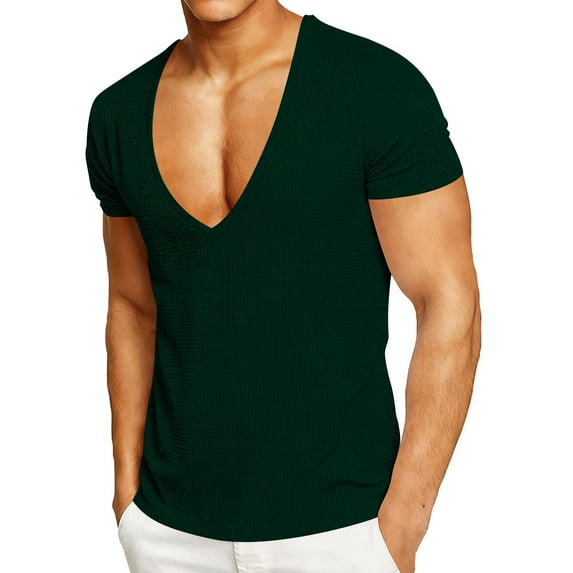 OGLCCG Deep V Neck T Shirt for Men Muscle Slim Fit Low Cut Stretch Short Sleeve Waffle Tee Tops Solid Color Summer Casual Tshirt,S,Army Green